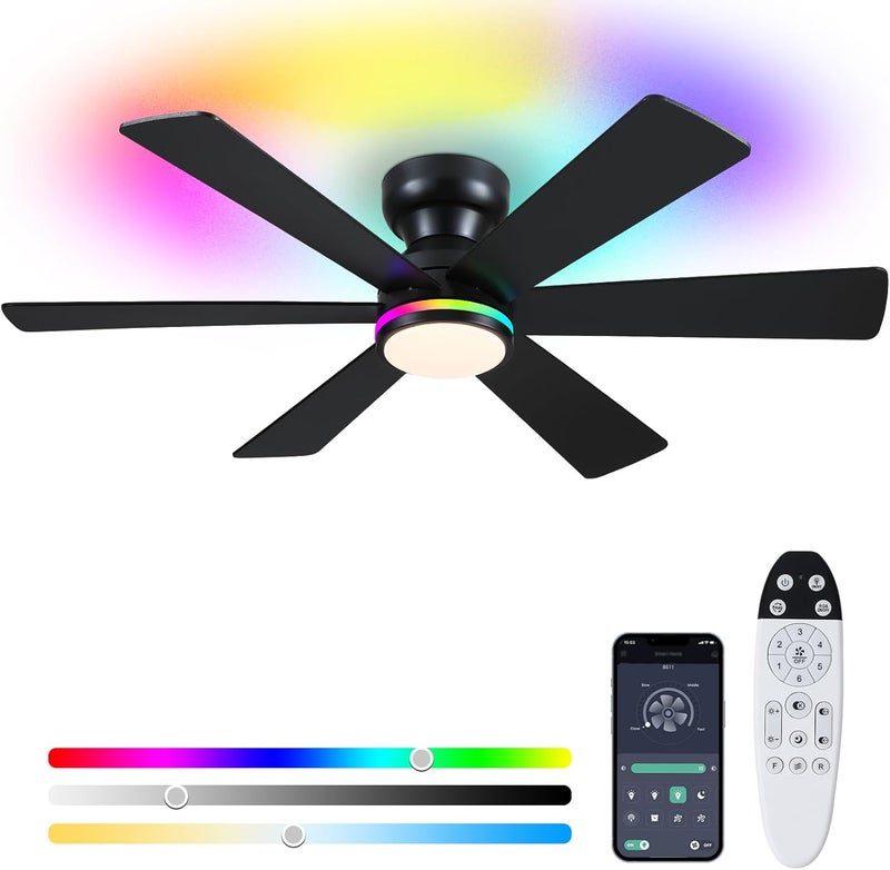 Asyko Black RGB Ceiling Fan with Light and Remote/APP Control - 46" Flush Mount Low Profile Fan Light, 6 Speeds 3CCT and Reversible, Indoor Ceiling Fan for Bedroom, Party - Image 1